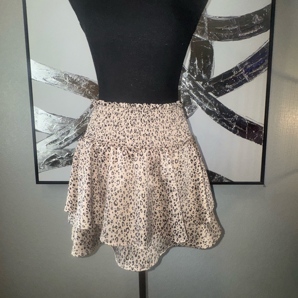 Altar'd State Beige Leopard Print Tiered Mini Skirt